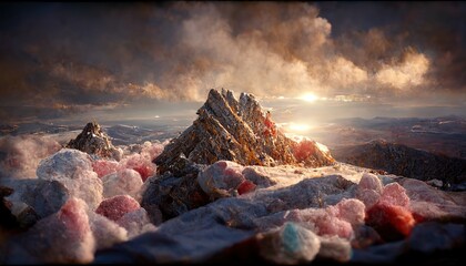 Wall Mural - Evening sky with red sunsets, mountain range with snow