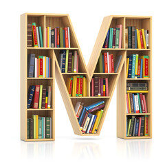 Poster - Letter M in form of bookshelf with book and texbooks. Educational and learning conceptual font and alphabet.