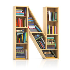 Wall Mural - Letter N in form of bookshelf with book and texbooks. Educational and learning conceptual font and alphabet.