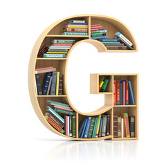Poster - Letter G in form of bookshelf with book and texbooks. Educational and learning conceptual font and alphabet.