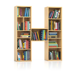 Poster - Letter H in form of bookshelf with book and texbooks. Educational and learning conceptual font and alphabet.