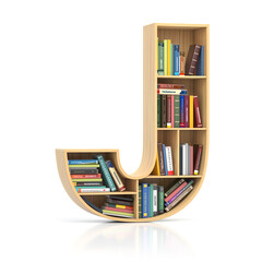 Poster - Letter J in form of bookshelf with book and texbooks. Educational and learning conceptual font and alphabet.