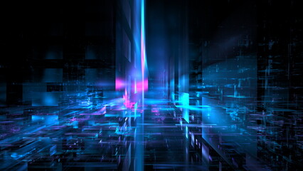 Poster - Abstract glowing geometric background. Modern digital technologies, an element of design and decoration. Geometric fantasy glow neon line background, technology banner. 3d render