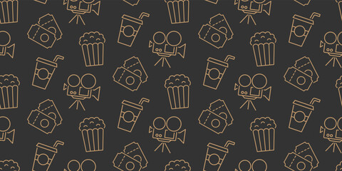 Cinema seamless pattern with icons Movie black background