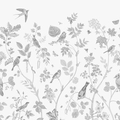 Wall Mural - Garden Birds. Mural. Vector vintage illustration. Grayscale