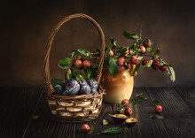 Plums In A Basket And Apple Branches In A Vase. Still Life With Plums And Apples. Photo
