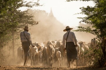 Canvas Print - Cattle herders walking a dirt path in Bagan, Myanmar.