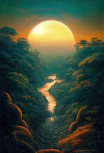 Tropical Rainforest Jungle With Intense Bright Sun. Epic Hazy Orange Yellow Clouds Dusk Sunset, Tall Towering Trees And Dense Amazon Vegetation With River Water Reflections. Surreal 80's Retro Art. 