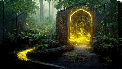 Sticker - A magical portal with a fiery entrance to a forest with trees and vines.