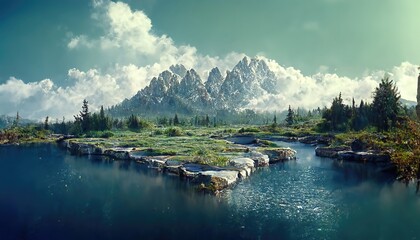 Aufkleber - Mountain landscape with a pond, snowy peaks, green grass and trees.