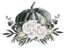 Watercolor Flower Arrangement Of Pumpkin. Pastel Pumpkin And Rustic Flower Arrangement. Autumn Invitation Template.
