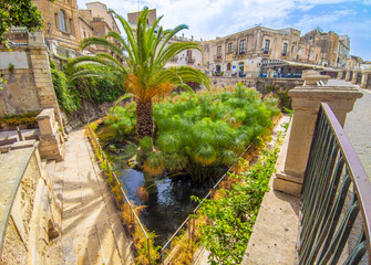 Wall Mural - Ortigia island of Siracusa (Sicilia, Italy) - A historical center view of the touristic baroque island in the municipal of Siracusa, Sicily, during the summer; UNESCO site, with castle and old church