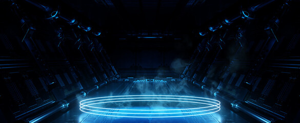 Blue spaceship interior with glowing neon lights podium on the floor. Futuristic corridor in space station with circles background. 3d rendering