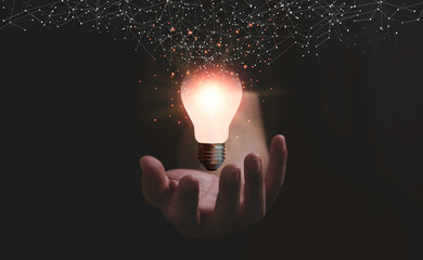 Poster - Hand holding glowing lightbulb with connection line for creative thinking idea and innovation concept.