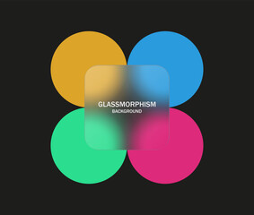 Poster - glassmorphism background, futuristic banner template with Blurred colorful circles and transparent glass frame - Realistic glass morphism effect with red, yellow, blue, green colors circle shapes