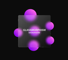 Glassmorphism Background, Futuristic Banner Template With Blurred Colorful Circles And Transparent Glass Frame - Realistic Glass Morphism Effect With Gradient Purple Circle Shapes