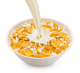 Wall Mural - Corn flakes with milk splashes isolated on white background