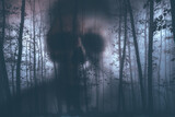 Fototapeta Na ścianę - A dark ghostly figure moving through a misty forest in the evening. Spooky concept.