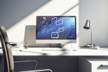 Poster - Creative concept of postal envelopes illustration on modern laptop screen. Email and communications concept. 3D Rendering