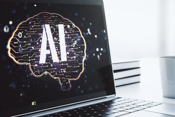 Poster - Creative artificial Intelligence concept with human brain sketch on modern laptop monitor. 3D Rendering