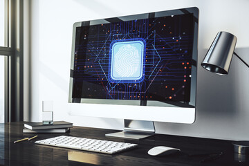 Aufkleber - Modern computer display with abstract graphic fingerprint sketch, fingerprint scan data concept. 3D Rendering