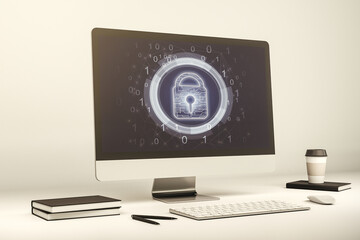 Poster - Computer monitor with creative light lock illustration and microcircuit, cyber security concept. 3D Rendering