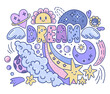 Colorful cartoon Dream lettering with stars, planets, rainbow etc. Pastel pink and blue illustration can be used for prints on t-shirt, textile, greeting card or poster.vector