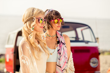 Sticker - Photo of two pretty charming girls wear sunglass stand near vintage van enjoy warm nice weather outdoors