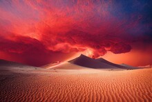 Surreal Desert Landscape, Sky On Fire Red Burning Clouds - Golden Hour Sunset. Barren, Dry And Desolate To The Horizon With Sandstone Hills. Intense Vibrant Colors.