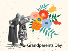 Two Friends, Happy Old Women, Modern Grandmothers And Drawn Flowers Over Light Background. Creative Art Design For Grandparents Day Greeting Card.