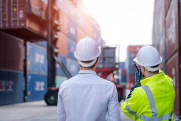 Poster - Foreman man and worker working checking at Container cargo,Logistics import export shipping concept.
