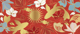 Fototapeta Sypialnia - Vector banner with traditional Chinese elements and ornament. Koi carp in gold color on a red background with flowers. Chinese background.