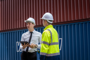 Poster - Professional engineer with worker or technicians discuss together working checking at Container yard warehouse,Cargo Shipping Import and Export industry.