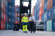 Businesspeople with Cargo container worker check goods and stock in industrial container terminal,Export and import cargo business concept.