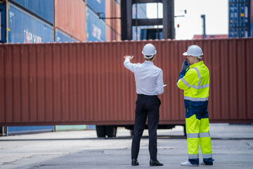 Poster - Professional engineer with worker or technicians discuss together working checking at Container yard warehouse,Cargo Shipping Import and Export industry.