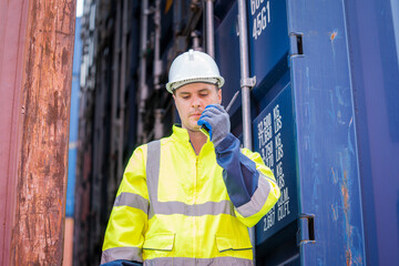 Poster - Foreman control forklift unloading truck at the container yard warehouse.