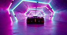 A Modern High Speed Red Racing Car Drives Through A Neon Tunnel. Futuristic Technology 3D Rendering