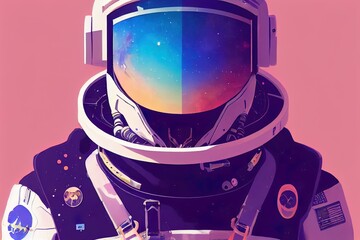 Wall Mural - Epic astronaut in spacesuit illustration. Colorful artwork of a cosmonaut. Spaceman in space. Cartoon digital painting. Close up of space helmet with reflection of the galaxy and stars.