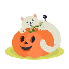 Funny kitten and jack-o-lantern pumpkin. Hand drawn vector illustration. Great for creating Halloween posters, greeting cards