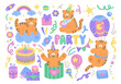 Isolated Happy Birthday set of cute little tigers,balloons,presents etc. Flat baby and children icons, sticker,greeting card,birthday invitation. Сool animal decorative elements. Vector illustration