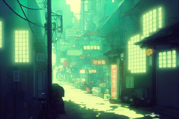 Wall Mural - beautiful calm relaxing japanese, asian streets. digital painting, manga anime style. peaceful illus