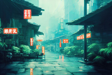 Wall Mural - beautiful calm relaxing japanese, asian streets. digital painting, manga anime style. peaceful illus