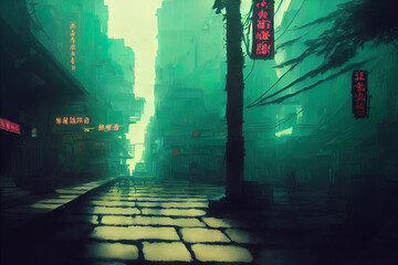Wall Mural - beautiful calm relaxing japanese, asian streets. digital painting, manga anime style. peaceful illus