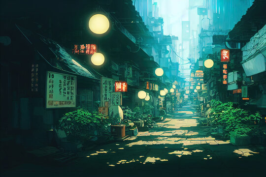 Wall Mural -  - Beautiful calm relaxing japanese, asian streets. Digital painting, manga anime style. Peaceful illustration of empty village, city. Atmospheric, cozy landscape, cityscape. Cartoon digital artwork.