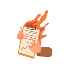 Poster - Deadline and troubles at work, isolated urgent work to do. Report with charts and diagrams analysis in fire, Burning paper conflict with manager. Vector in flat style
