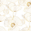 Golden line poppy floral summer seamless pattern. Hand drawn line texture blossom petals. Field poppy flower wrapper print design. 