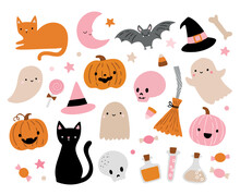 Pink Halloween. Cute Hand Drawn Illustrations In Retro Colors Including Ghosts, Cats, Bats, Pumpkins, Candy. Fun Halloween Elements For Kids.