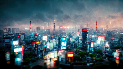 Wall Mural - busy futuristic city skyline at night with many neon lights