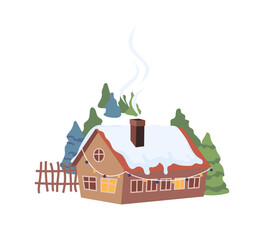 Wall Mural - Christmas New Year winter village landscape element flat cartoon design icon. Vector cottage house and snow, fur trees and bushes, chalet decorated by garlands