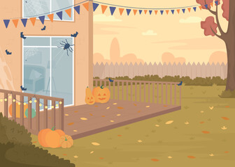 Poster - Halloween backyard party flat color vector illustration. Spooky decorations. Seasonal celebration. Autumn holiday. Fully editable 2D simple cartoon landscape with pumpkins on background